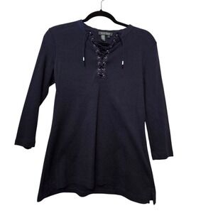 Ralph Lauren LRL Women's Lace Up Pullover Top SM Navy Rib Knit EUC Hippie Boho